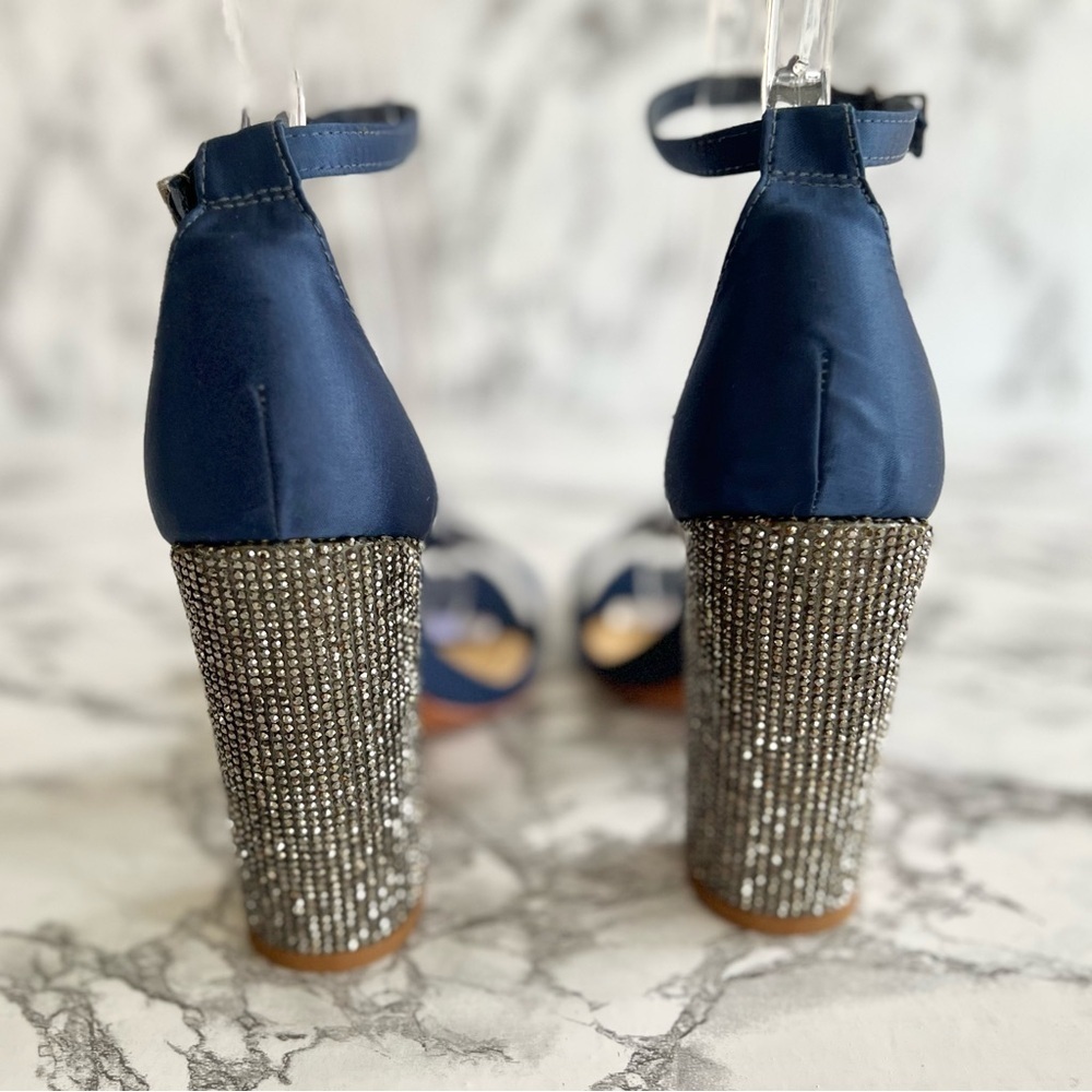 Schutz Hara Sandals Blue Satin Rhinestone Block Heel Ankle Strap 6 Cocktail Glam - Picture 9 of 17